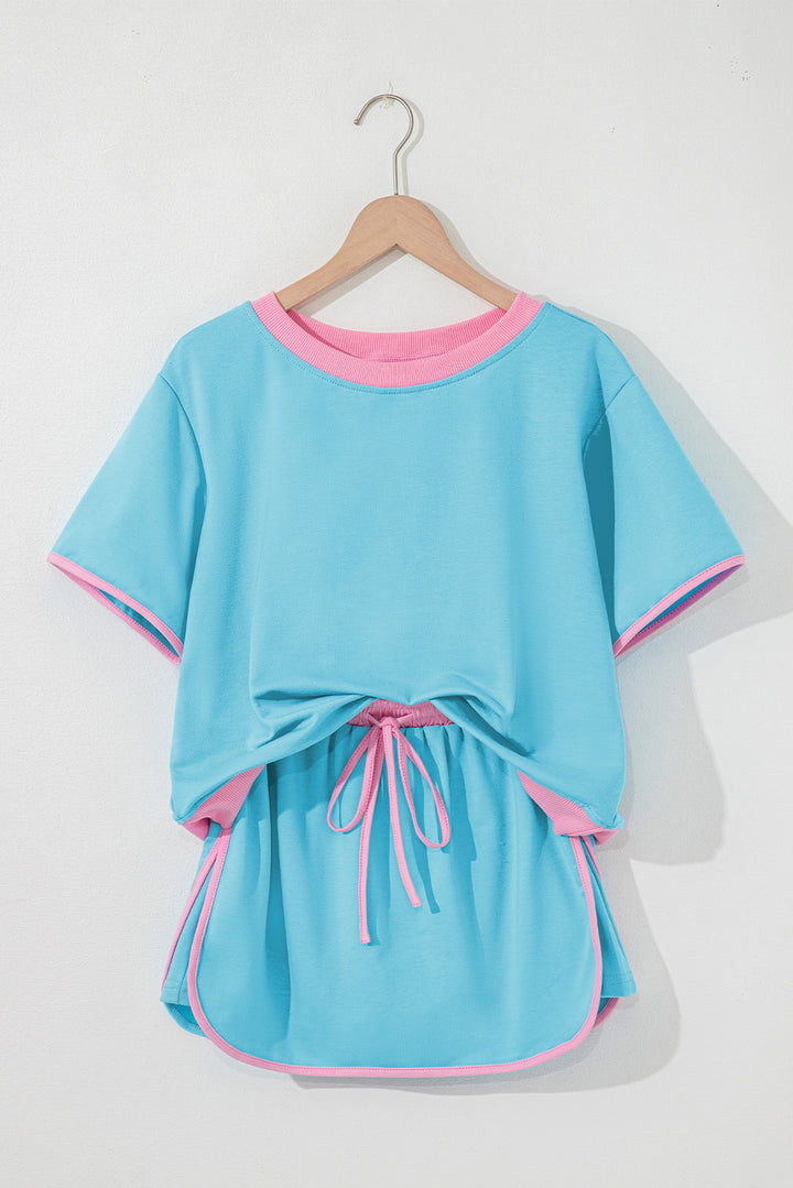 Turquoise Colorblock Edge T Shirt and Skort 2Pcs Set
