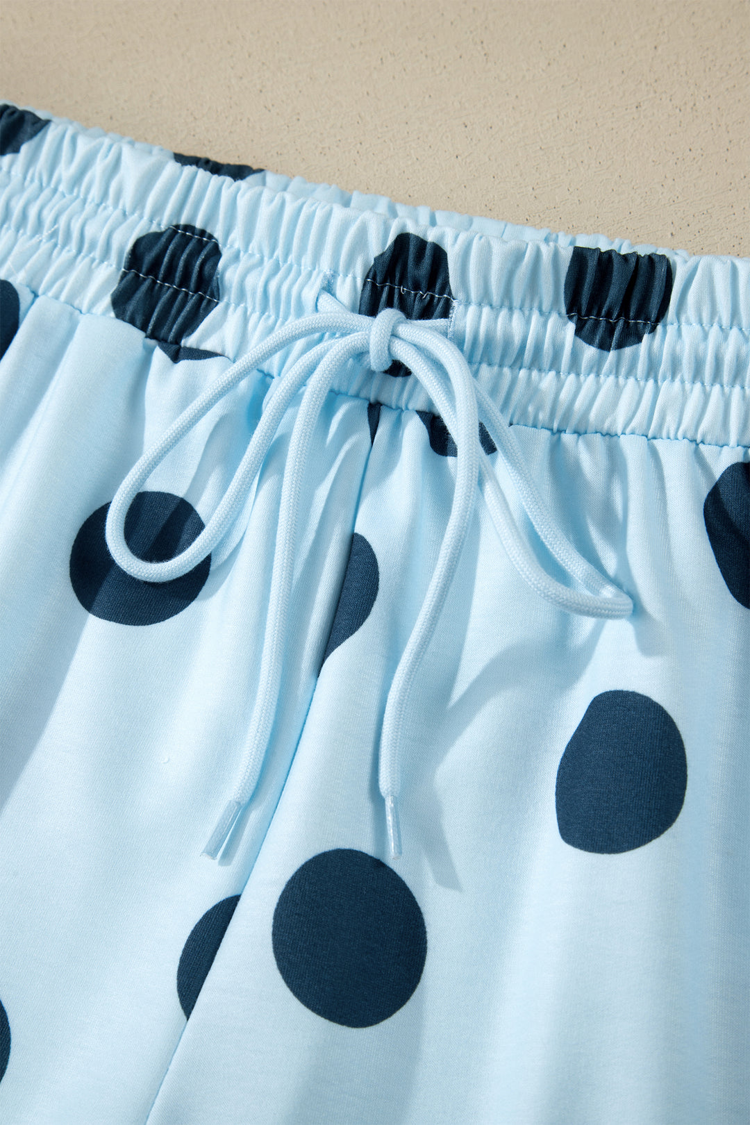 Sky Blue Polka Dot Print Loose Tee Drawstring Elastic Waist Short Set