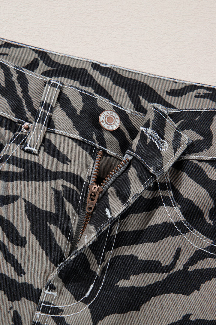 Gray Zebra Stripe Printed Wide Leg Barrel Jeans