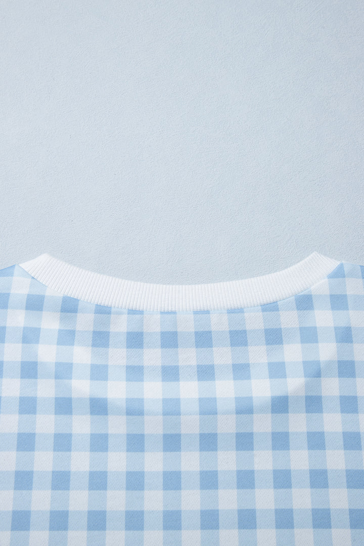 Light Blue Plaid Round Neck Long Sleeve Sweatshirt