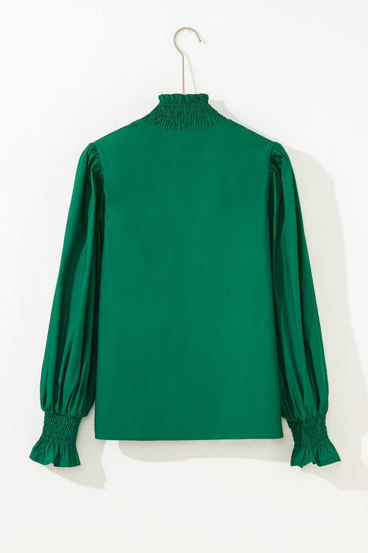 Puffy Flounce Sleeve Leopard Trim V Neck Blouse
