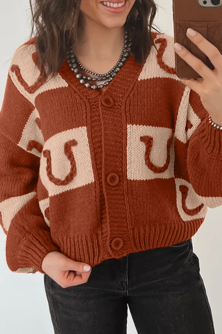 Brown Horseshoe Plaid V Neck Knit Button Front Sweater Cardigan