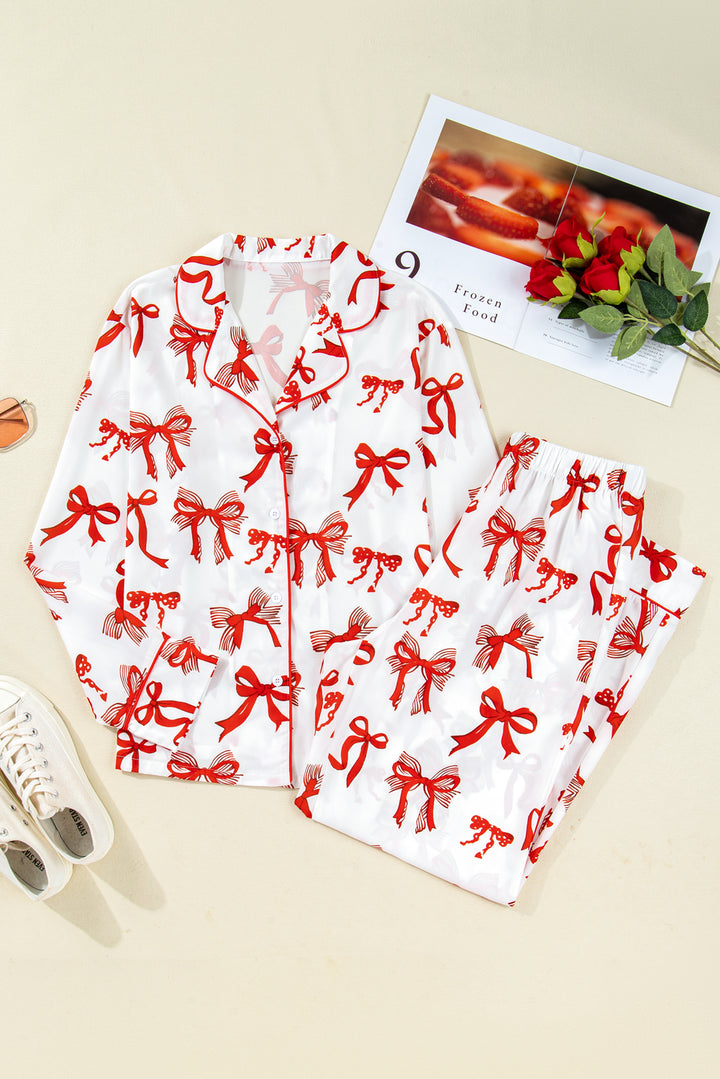 Red Christmas Bow Print Long 2pcs Pajama Set