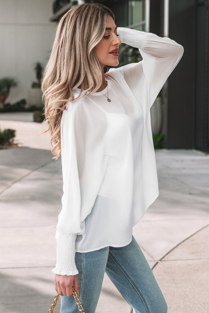 Smocked Cuffs Semi Sheer Long Sleeve Dolman Blouse