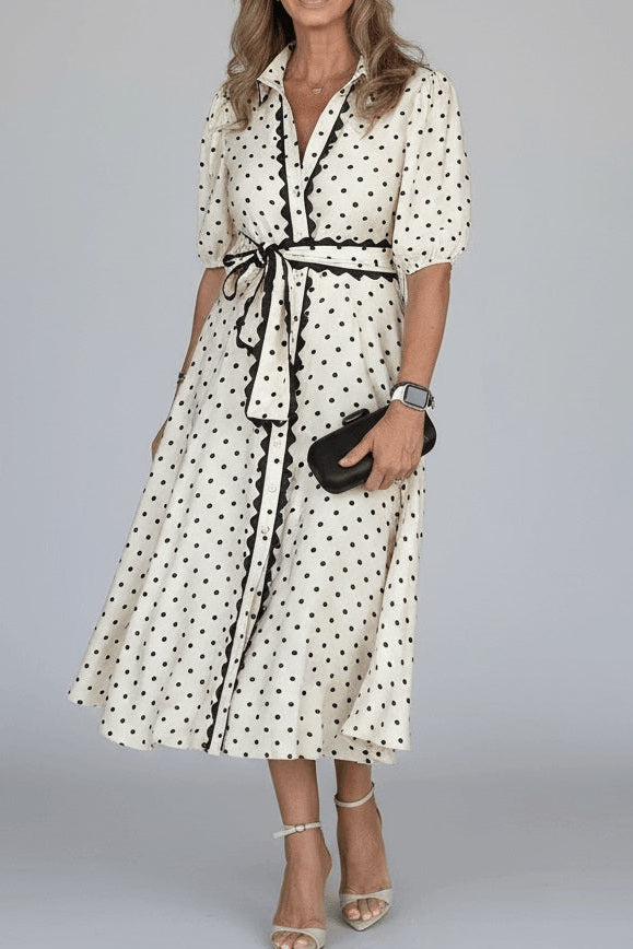 White Polka Dot Printed Contrast Scalloped Trim Belted Midi Dress