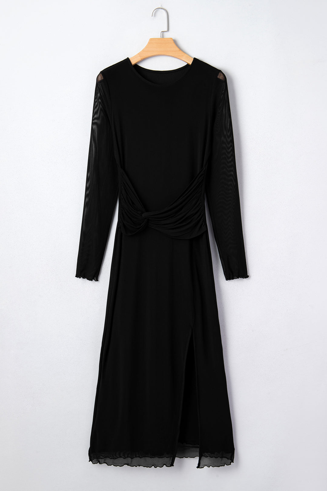 Black Sheer Mesh Long Sleeve Twisted Knot Side Slit Midi Dress