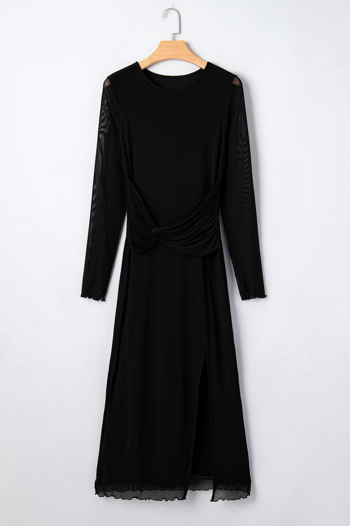 Black Sheer Mesh Long Sleeve Twisted Knot Side Slit Midi Dress