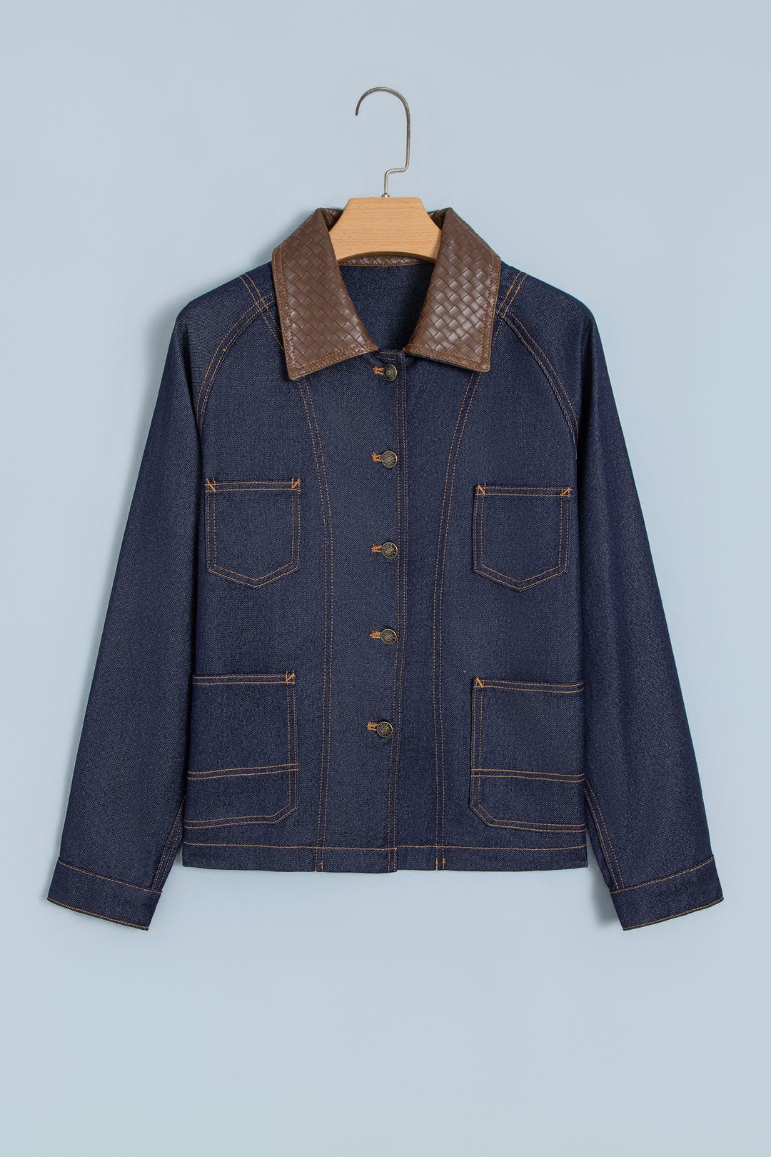 Navy Blue Contrast Collar Stitched Detail Button Denim Jacket