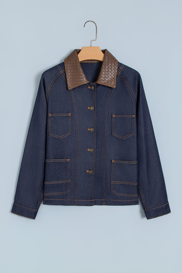 Navy Blue Contrast Collar Stitched Detail Button Denim Jacket