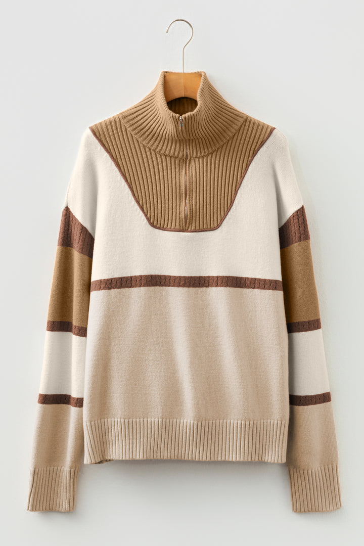 Colorblock Zipped Collared Pullover Sweater