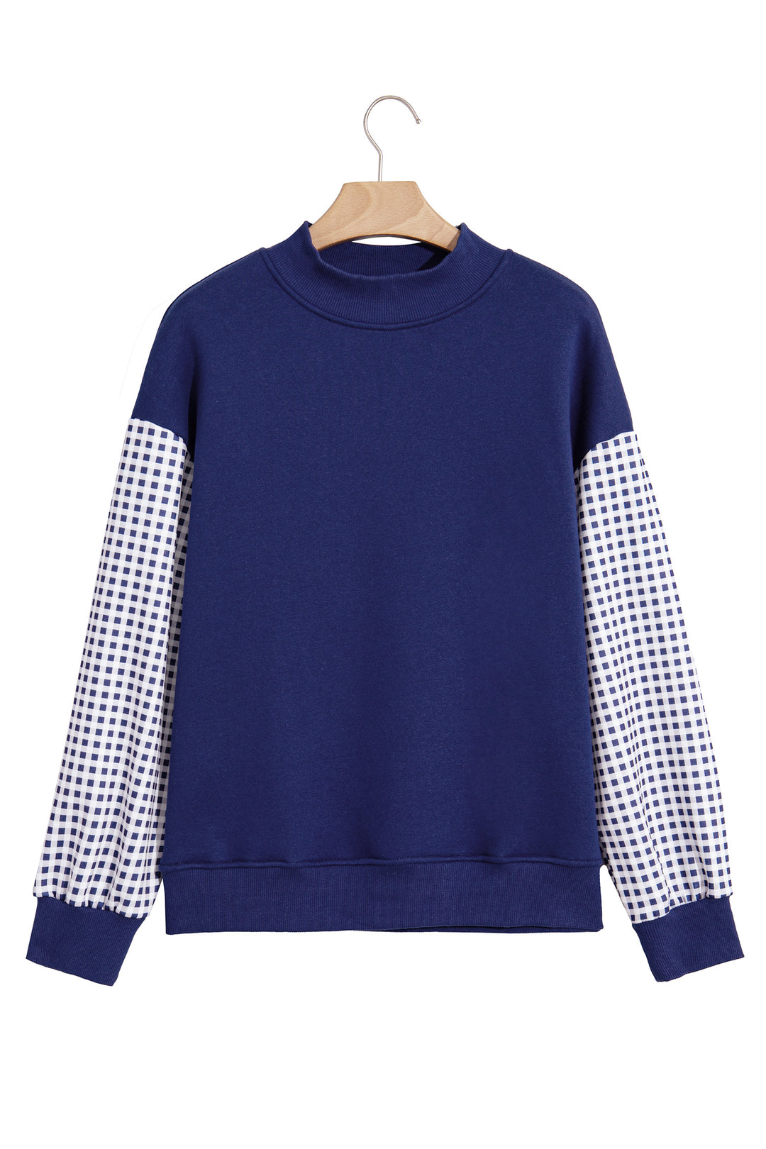 Dirty blue Plaid Sleeve Colorblock Loose Tunic Sweatshirt