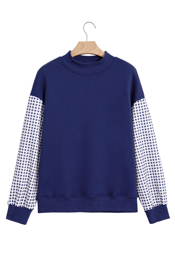 Dirty blue Plaid Sleeve Colorblock Loose Tunic Sweatshirt