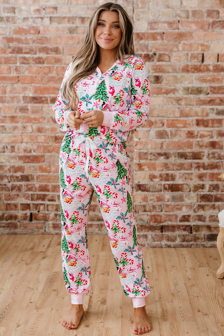 Pink Christmas Pattern Button V Neck Pullover Drawstring Pants 2pcs Lounge Set