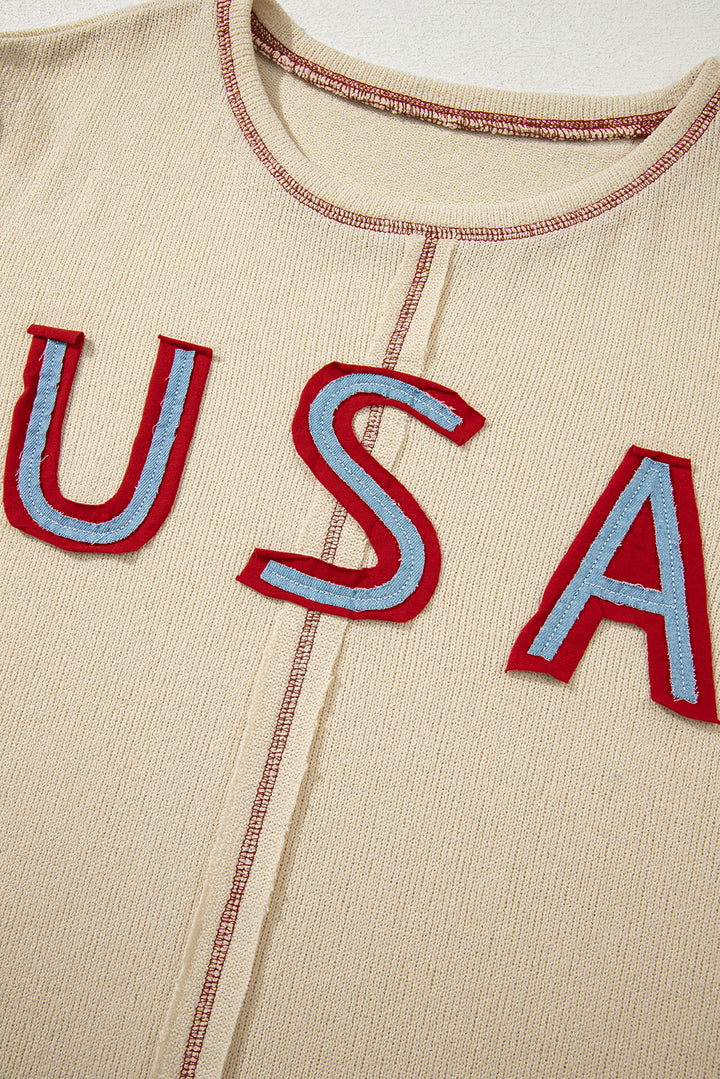 Beige USA Star Contrast Patchwork Long Sleeve Top
