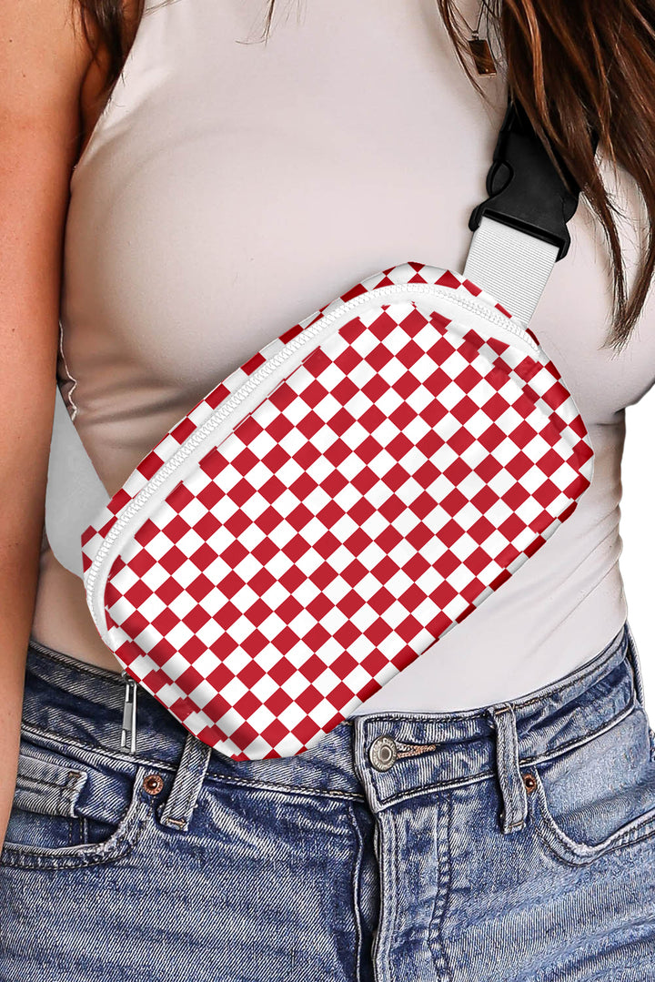 Checkered Print Zipped Buckle Strap Crossbody Bag