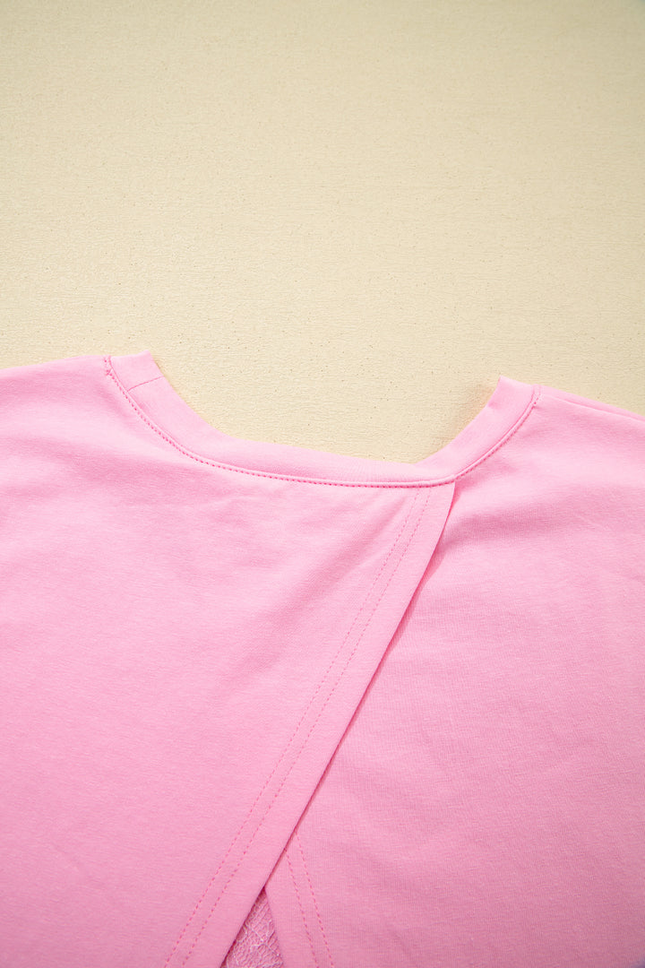 Pink Eyelash Floral Lace Patchwork Half Sleeve Oversize Tee