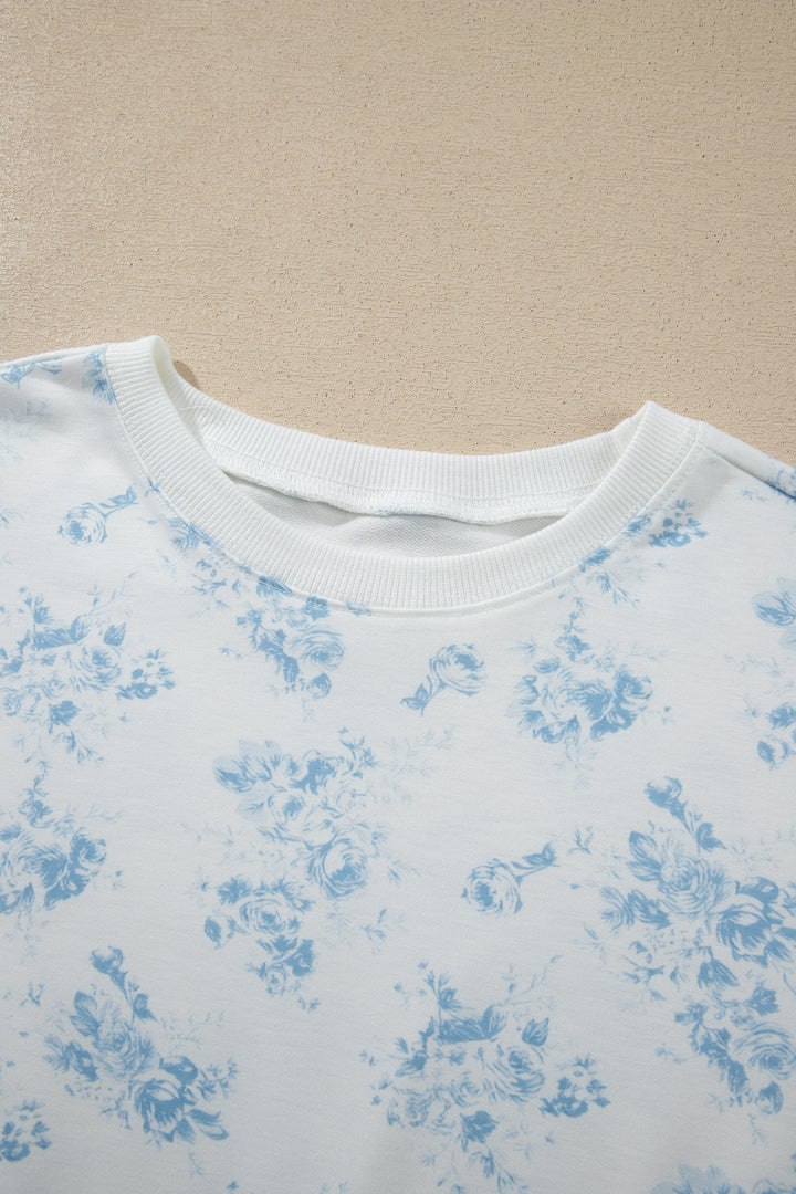 Sky Blue Floral Print Long Sleeve Top Ruffle Hem Shorts 2pcs Set