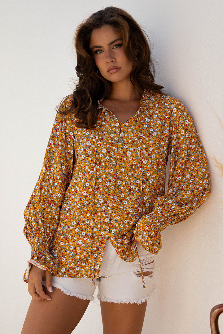 Boho Floral Ruffled Bubble Sleeve V Neck Fall Blouse