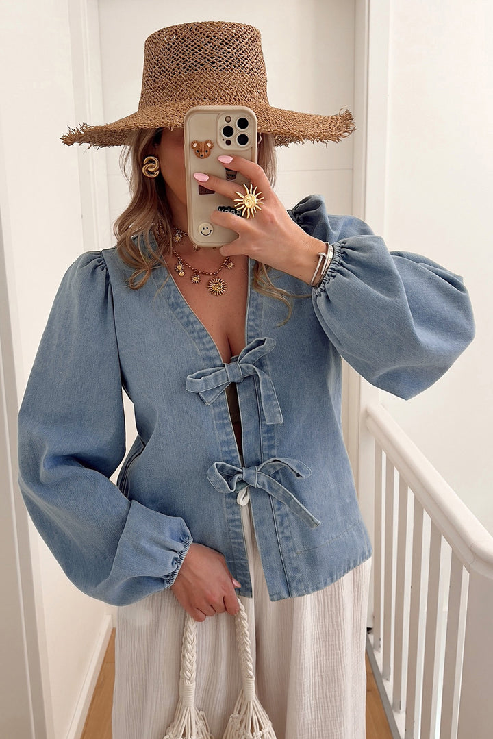 Tied Front Long Puff Sleeve Denim Top