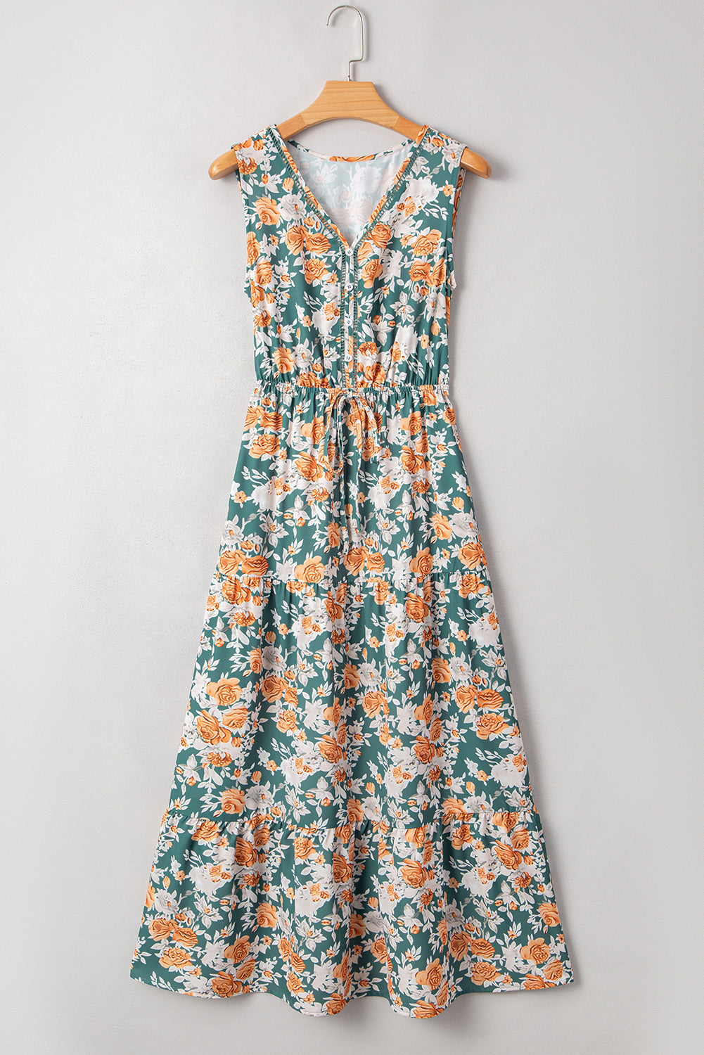 floral print trimmed v neck tie waist sleeveless holiday long dress