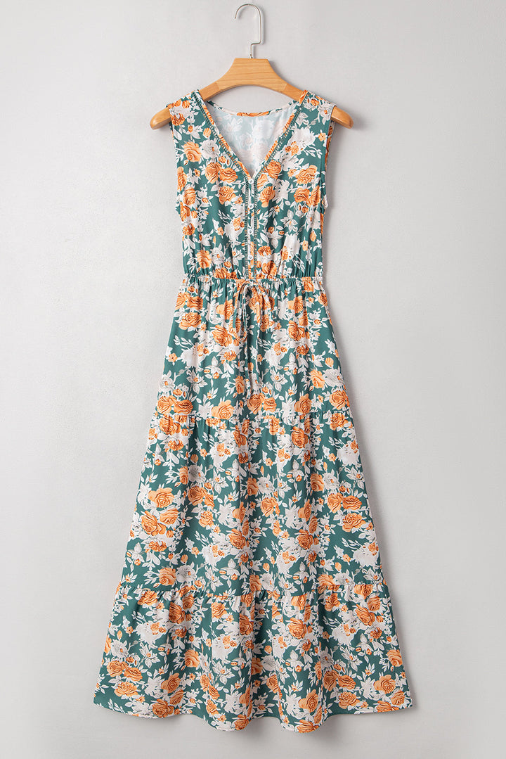 floral print trimmed v neck tie waist sleeveless holiday long dress
