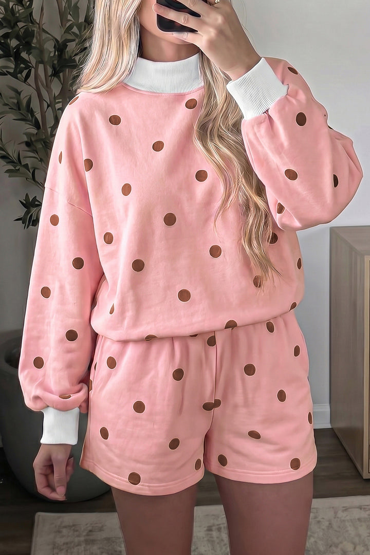 Pink Polka Dot Ribbed Trim Long Sleeve Top Casual Short Set