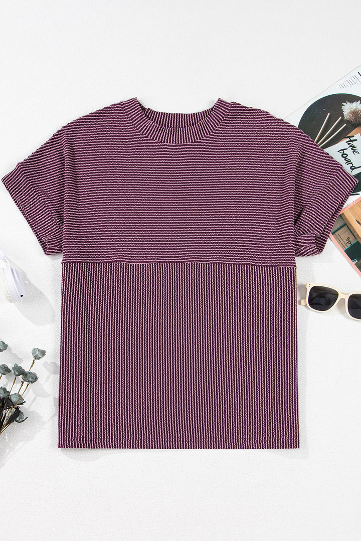 Plain Corded Knit Mock Neck T Shirt