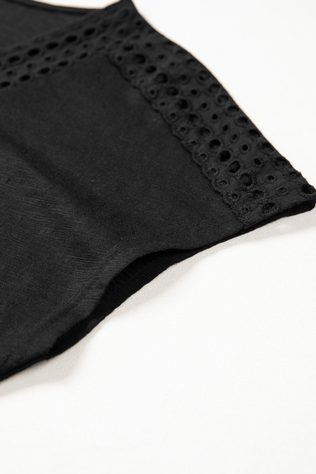 Black Cutout Embroidered Trim V Neck Cap Sleeve Tee