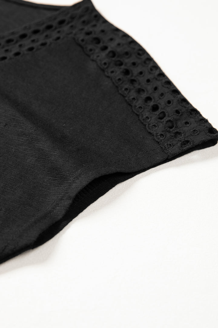 Black Cutout Embroidered Trim V Neck Cap Sleeve Tee