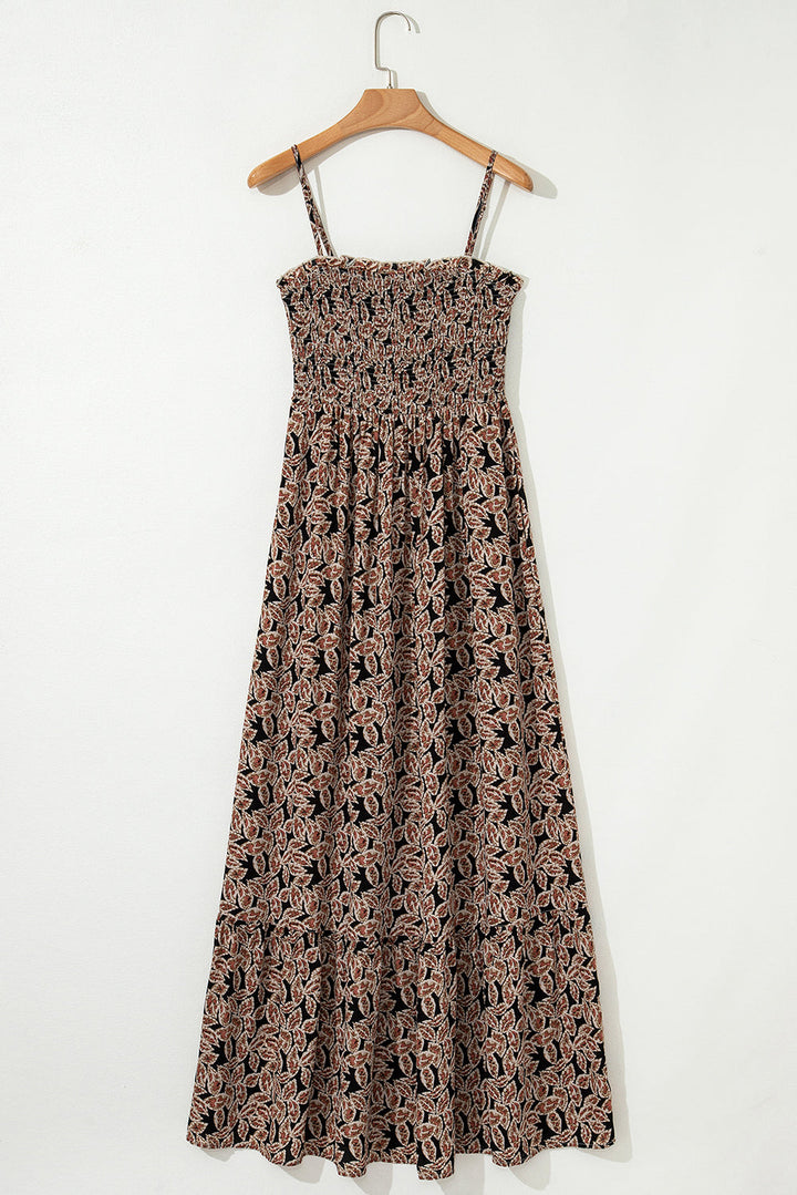floral smocked bodice high waist flowy sun dress