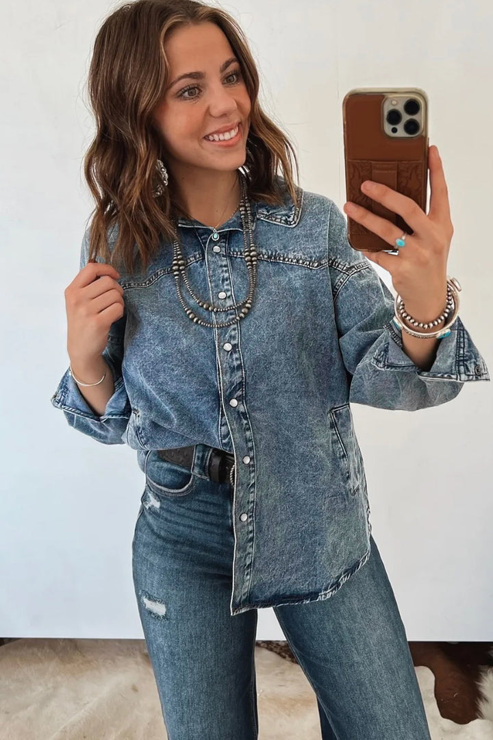 Dusk Blue Western Shirt Collar Tunic Denim Jacket