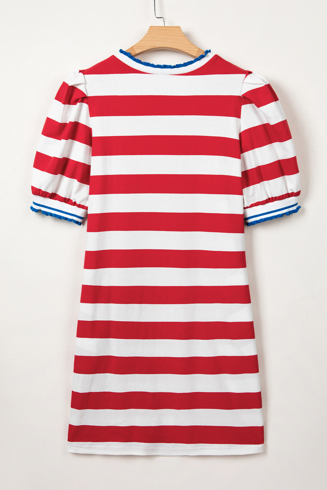 Red Stripe Contrast Trim Round Neck Short Puff Sleeve Shift Mini Dress
