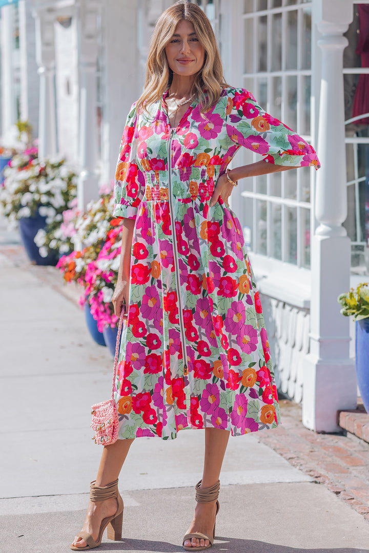 Rose Vibrant Floral Print Zip Up Puffy Half Sleeve Dress