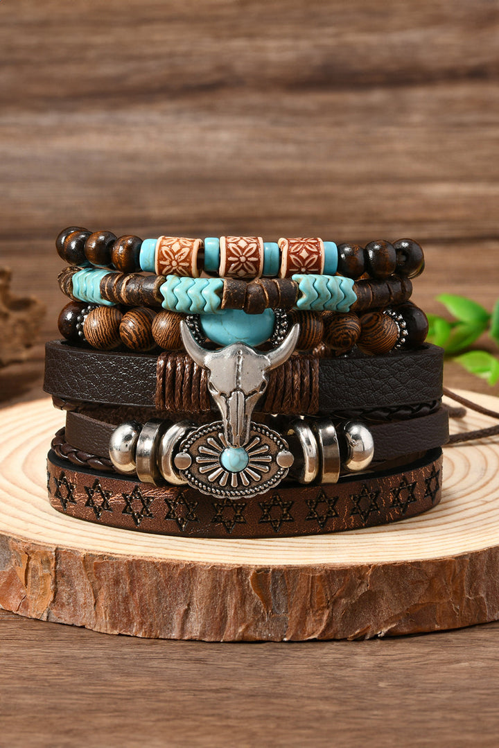 6 Piece Western Bull Skull Turquoise Beading Bracelet