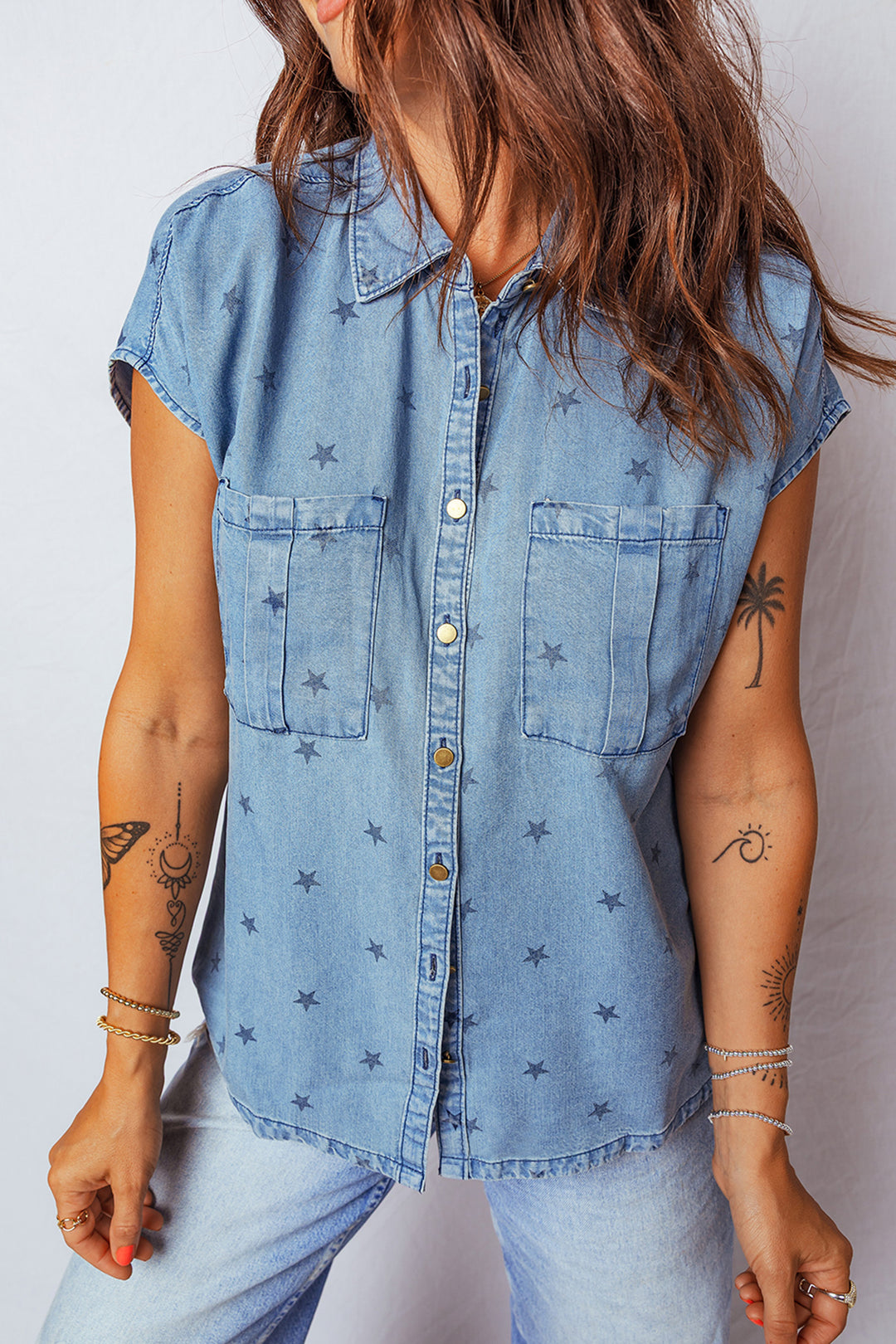 Star Allover Print Double Chest Pocket Short Sleeve Denim Shirt