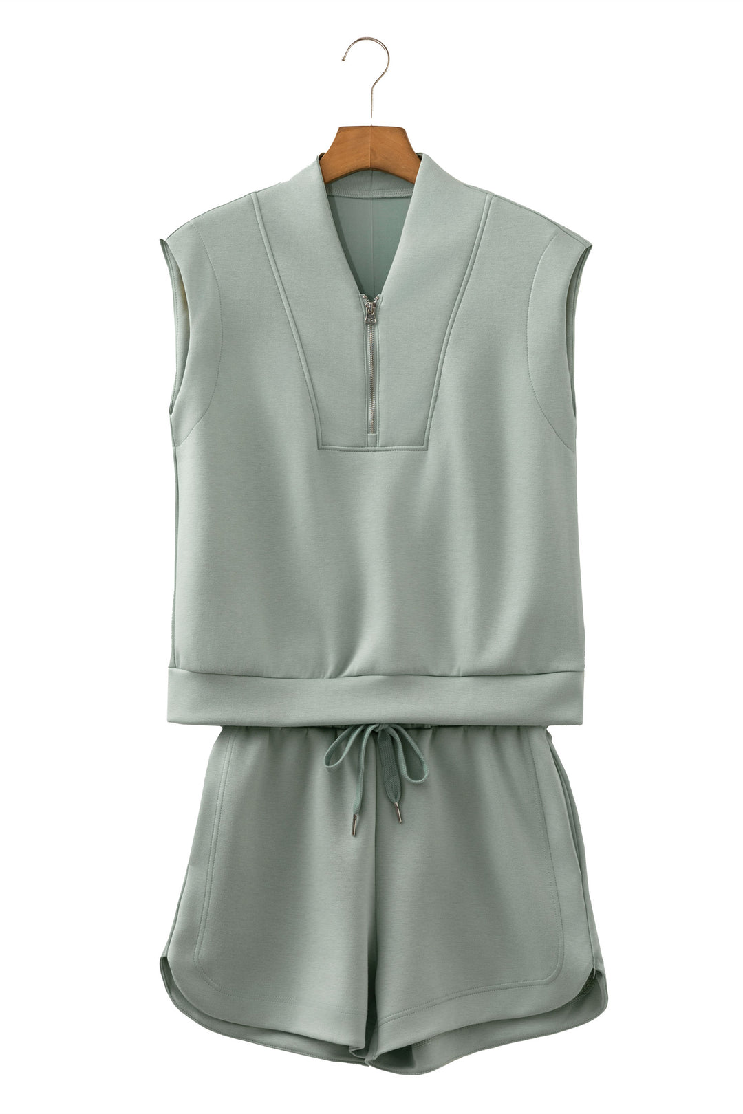 Smoke Green Quarter Zip Sleeveless Top Drawstring Shorts Casual 2pcs Outfit