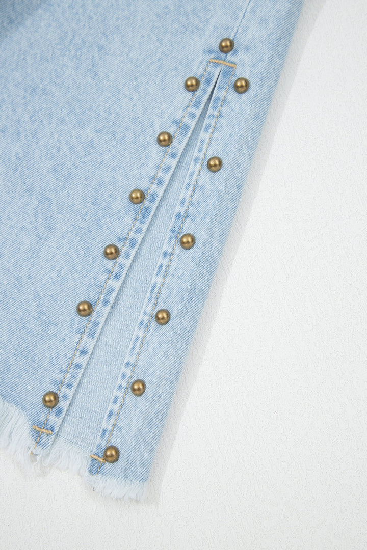 Beau Blue Studded Side Slit Leg Frayed Pocketed Wide Leg Jeans