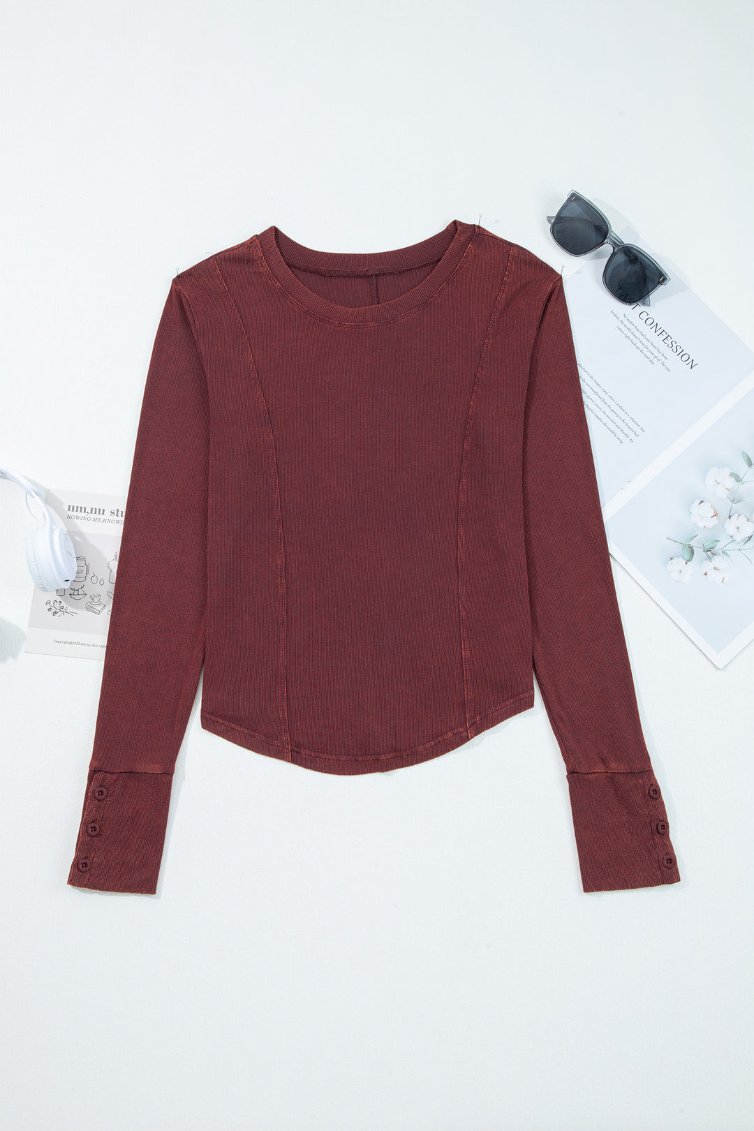 Burgundy Exposed Seam Ribbed Long Sleeve Top