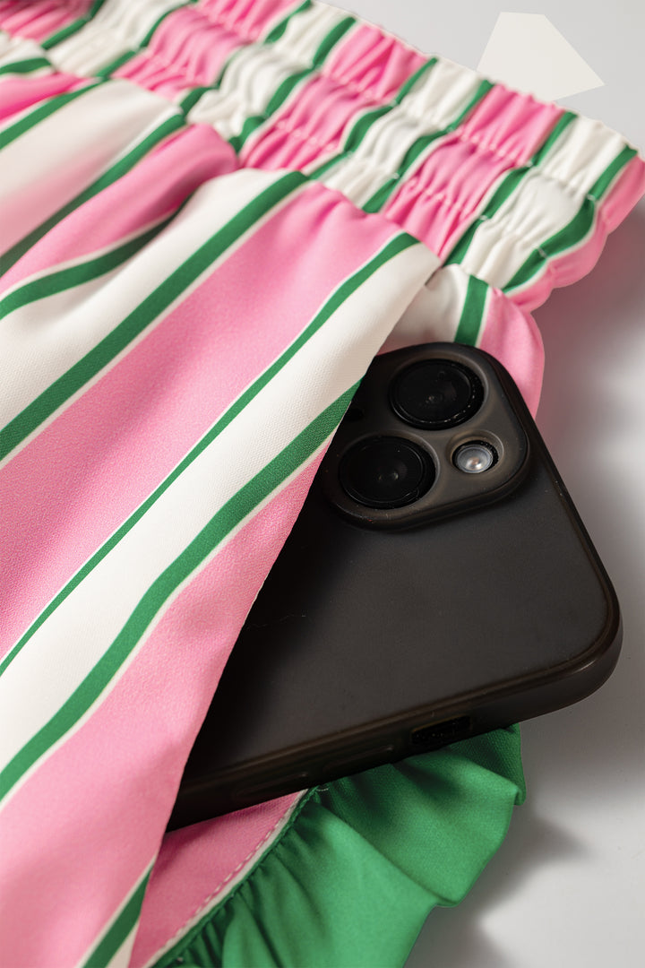 Pink Stripe Contrast Ruffle Trim Shorts