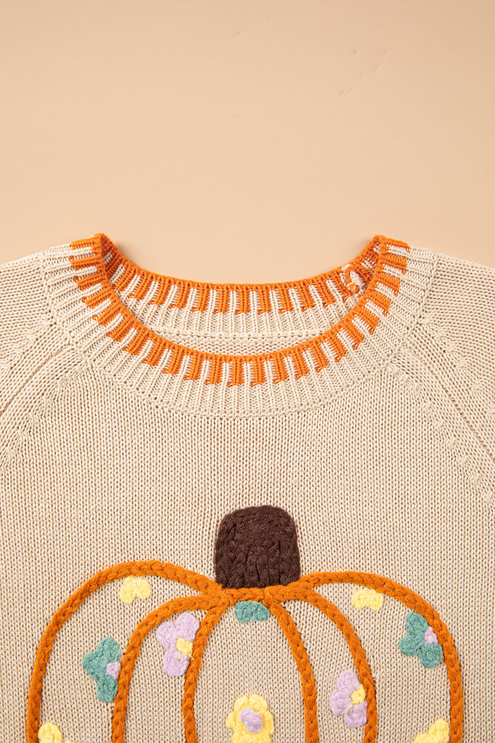 Parchment Floral Embroidery Pumpkin Long Sleeve Round Neck Sweater