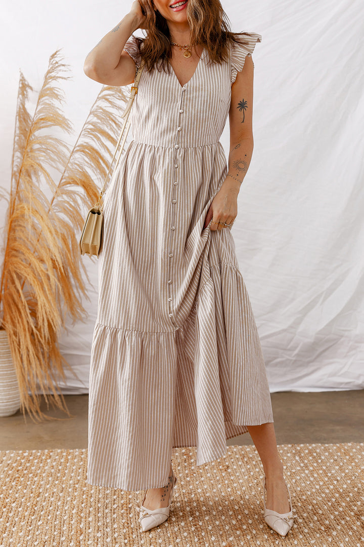 Flutter Sleeve Buttoned Front Slit Maxi Dress