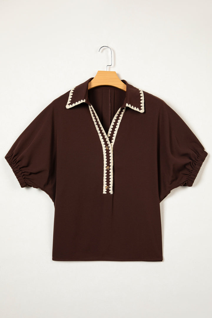 Coffee Shirt Collar Contrast Trim Button V Neck Short Sleeve Blouse