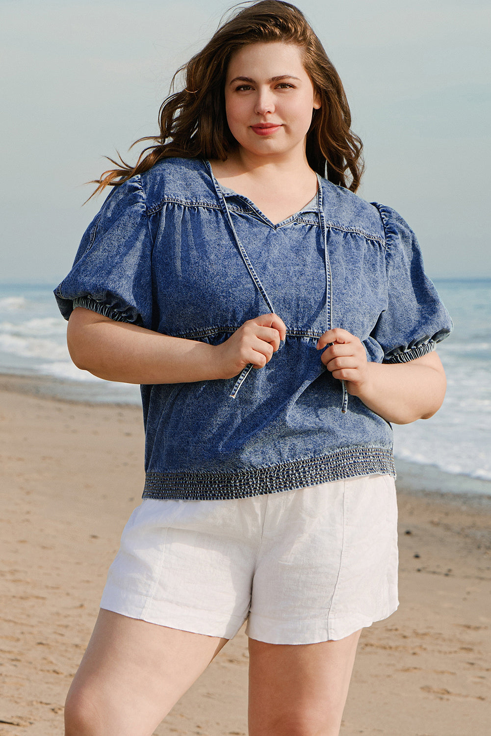 Plus Drawstring V Neck Puff Sleeve Denim Blouse