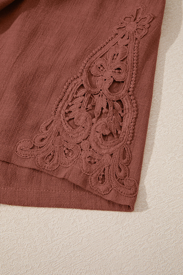 Chestnut Lace Splicing Drawstring Elastic Waist Loose Linen Shorts