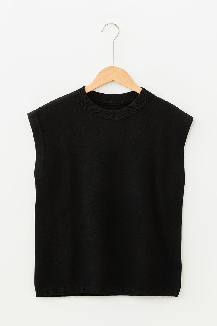 Black Solid Color Crew Neck Knit Cap Sleeve Sweater