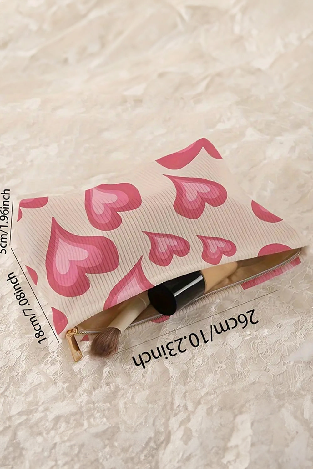 Hearts Print Zipper Corduroy Large Cosmetic Bag