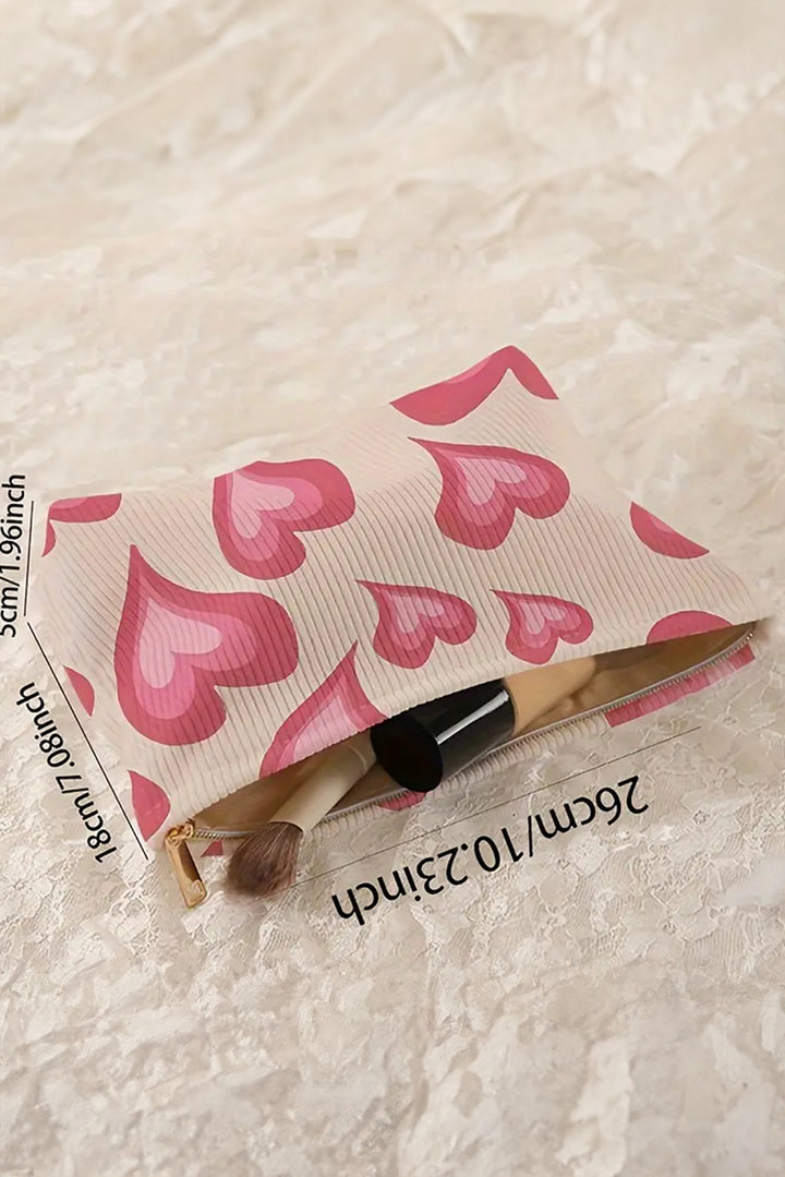 Hearts Print Zipper Corduroy Large Cosmetic Bag