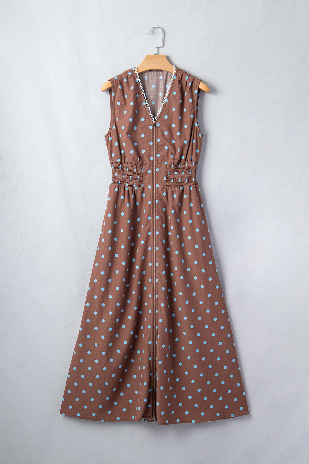 Brown Polka Dot Print Contrast Trim V Neck Zip Up Sleeveless Dress