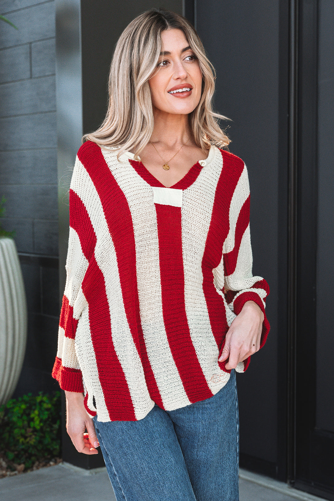 Colorblock V Neck Bracelet Sleeve Sweater