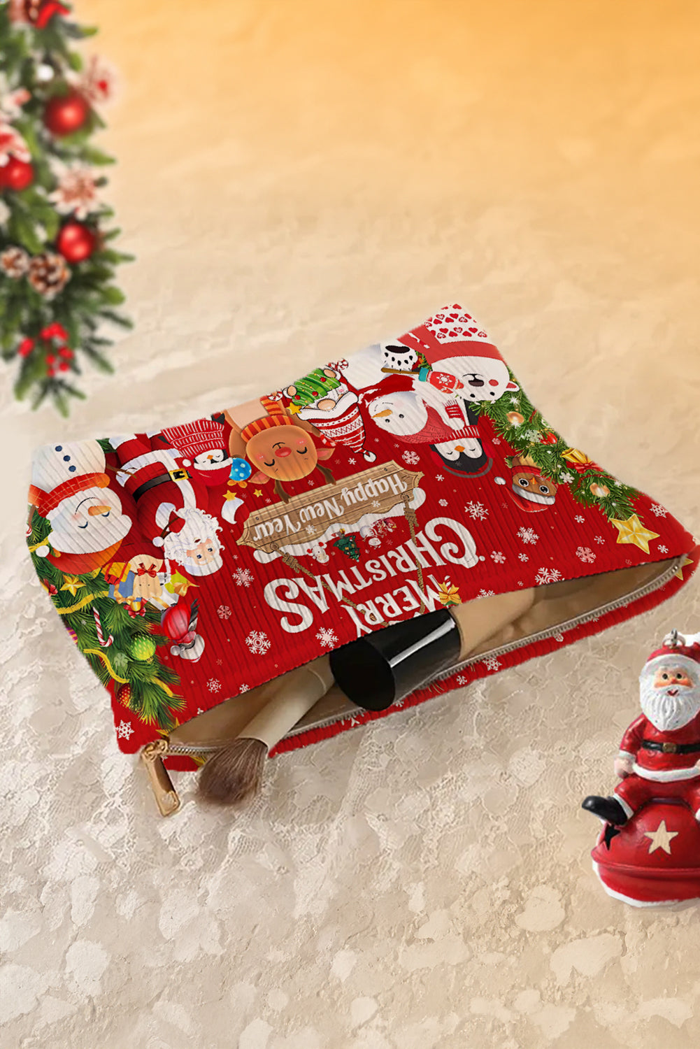 MERRY CHRISTMAS Happy New Year Corduroy Cosmetic Bag